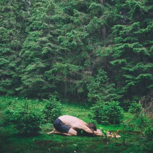 un homme dans un paysage de forêt en posture mckenzie d'extension du rachis thoracique et des épauie